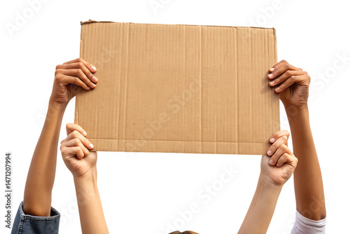 Close up of hands holding a cardboard sign isolated on white background