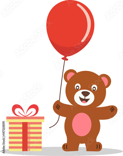Cute brown teddy bear toy with heart and balloons for a happy birthday celebration