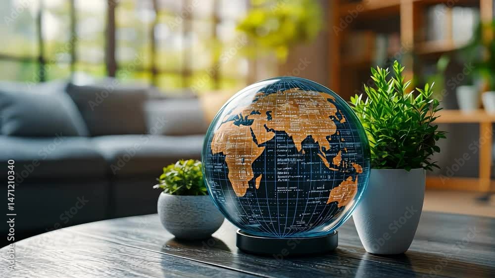 Modern globe decor featuring detailed world map enhances living room elegance with greenery and cozy atmosphere. Modern globe decor featuring detailed world map enhances living room elegance with greenery and cozy atmosphere.