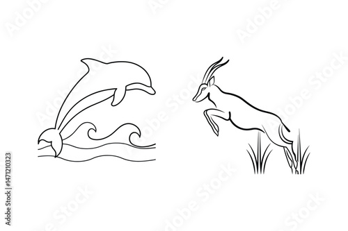 Simple black and white line art depicting a dolphin and gazelle jumping