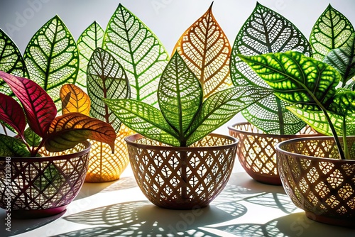 Abstract Leaf Silhouettes in Ornate Plant Baskets - AI Art