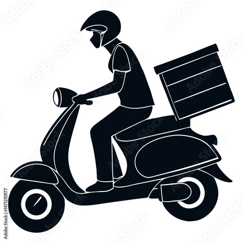 Delivery Man Riding Scooter - Silhouette Vector Graphic