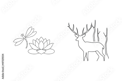 Simple outline drawing featuring a dragonfly and lotus flower alongside a stag in the forest