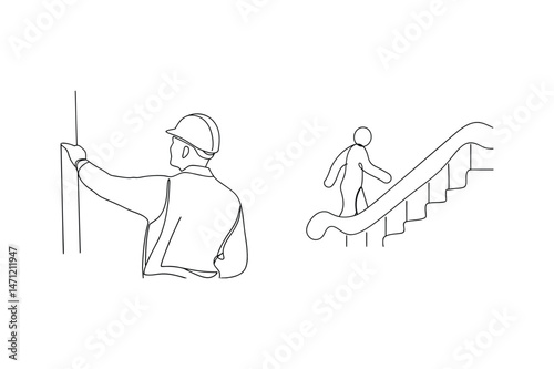 Continuous line illustration of construction worker inspecting and person ascending stairs