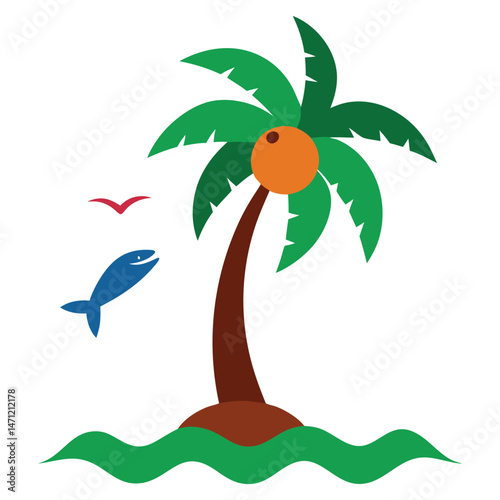 Minimalist Tropical Island with Palm Tree Bird and Ocean Waves Illustration