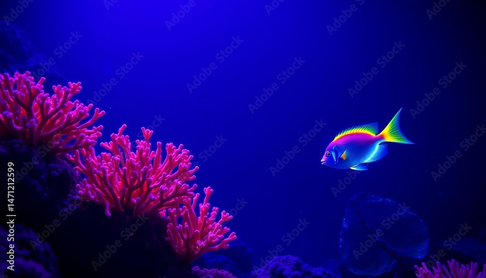 Obraz premium Glowing coral, bioluminescent fish, empty ocean scene, colorful, imaginary
