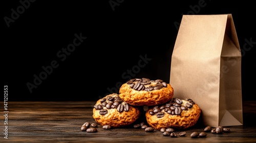 Three coffee bean cookies are led on a wood surface beside a kraft paper bag against a dark background evoking a cozy, caffeinated moment.