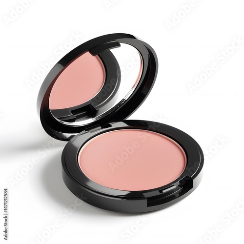 Pink blush compact with open, and makeup. (1)