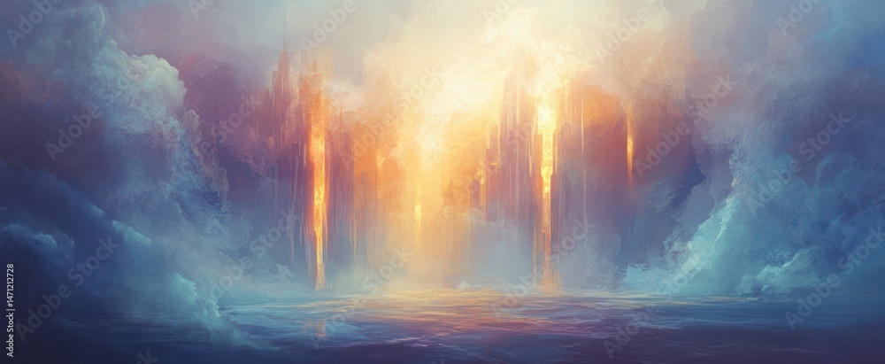 Fototapeta premium A radiant, ethereal landscape of towering pillars.