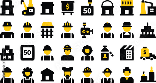 Vector Set of Flat Colored Labor Icons Representing Various Job Sectors