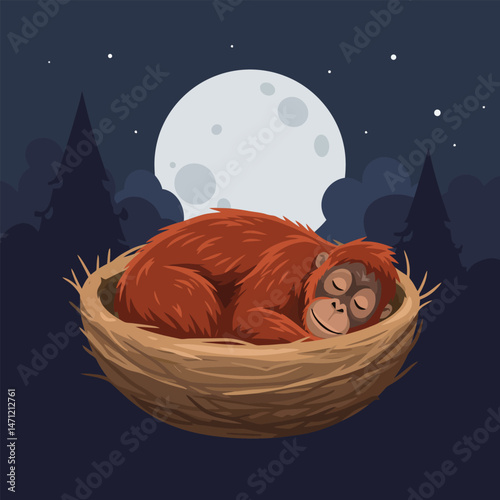 Sleeping Orangutan in a Nest Under Moonlight Cartoon Illustration