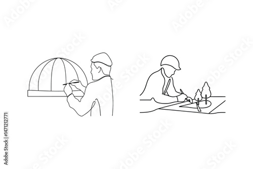 Architects sketching building plans and landscape designs in modern line art style