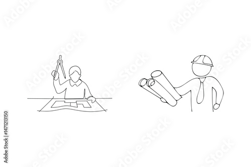 Architect and engineer illustrations depicting planning and construction in modern black and white style