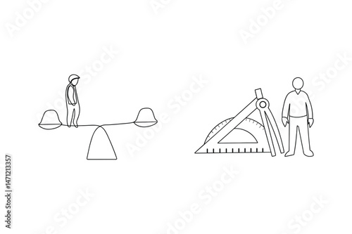 Simple line drawing of person on a seesaw with drafting tools next to standing figure