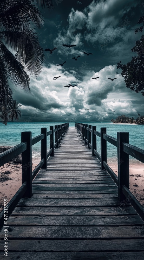 Fototapeta premium Wooden pier leading to turquoise sea under dramatic sky