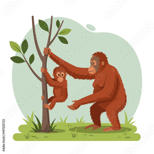 Orangutan Climbing a Tree with Parent Offering Assistance Illustration