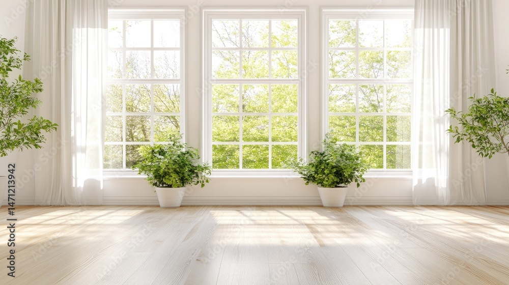 Fototapeta premium Spacious interior with large windows showcasing a serene garden.