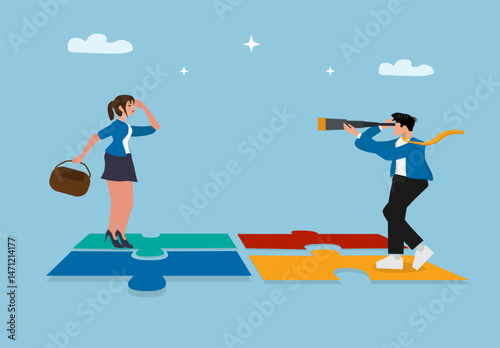 Businessman Looking Through Telescope and Businesswoman Standing on Colorful Puzzle Pieces for Vision, Strategy, and Teamwork Collaboration Concept