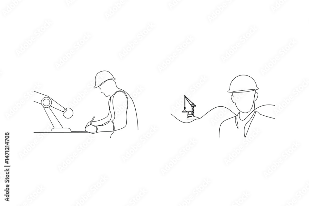 Continuous line drawing illustrating construction workers and construction project elements
