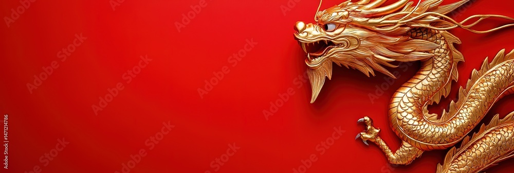 Fototapeta premium photo of golden dragon isolated on solid red background
