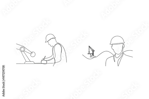 Continuous line drawing illustrating construction workers and construction project elements
