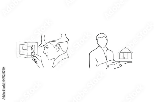 Architect and real estate agent presenting architectural plans and building model together