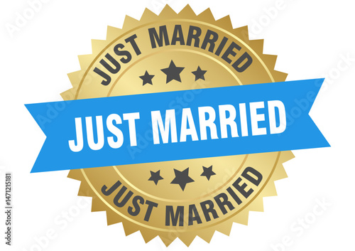 just married. just married round blue and gold label isolated on transparent background