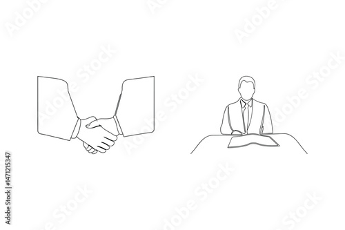 Minimalist line drawing depicting agreement handshake and professional figure at a desk