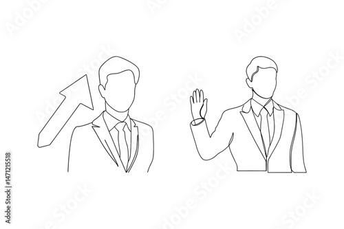 Business concepts represented by line art drawings of professional figures and rising arrow