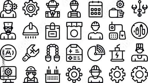 Professional labor vector icons set in line style focusing on engineering and gear elements