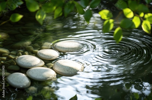 Tranquil water feature with smooth stones