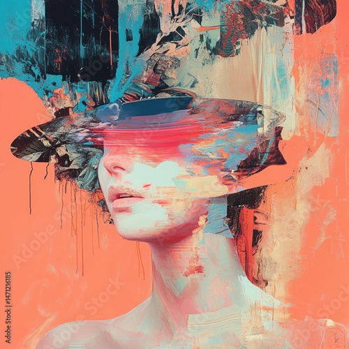 Abstract female portrait, vibrant colors, mixed media photo
