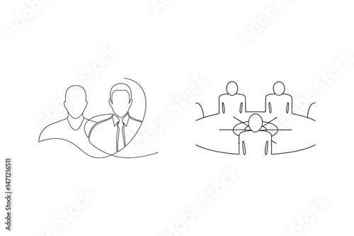Minimalist line art depicting business professionals and teamwork in a modern meeting