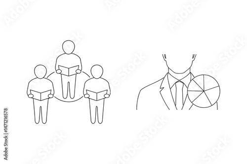 Business people sharing knowledge and data visualization featuring clean outlined style