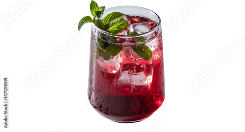 A vibrant and refreshing photograph of a deep red Pomegranate Mint Spritzer served in a clear glass filled with ice cubes.