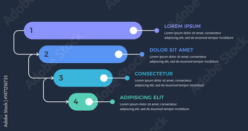 Funnel diagram infographic template with four elements connected with arrows, dark background, vector eps10 illustration
