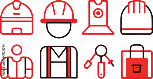 Labour day safety equipment and tools icons set in line style for workplace safety designs