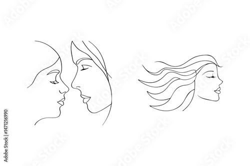 Elegant line art of women's faces in profile with flowing hair and closed eyes