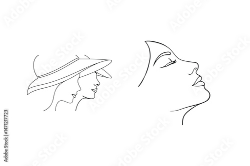 Elegant line art illustrations of women in profile with a sun hat and a graceful face