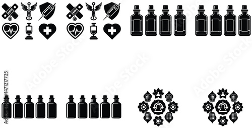 medicine icons set, black and white version, vector illustration.