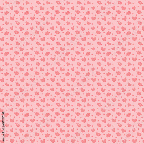 Seamless pattern. Texture romantic concept. Red lips with hearts of different sizes. 
Seamless pattern with colorful lips, dots and hearts.
