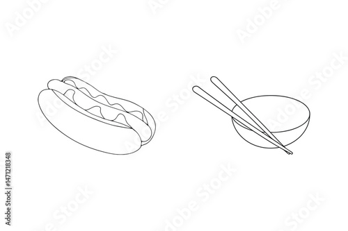 Simple black and white outline of a hot dog and a bowl with chopsticks illustration