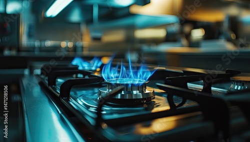 Close-up of a blue flame on a gas stove in a kitchen, commercial photography