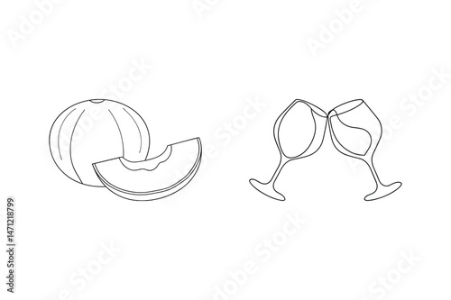 Simple line art illustration of cantaloupe and wine glasses clinking together