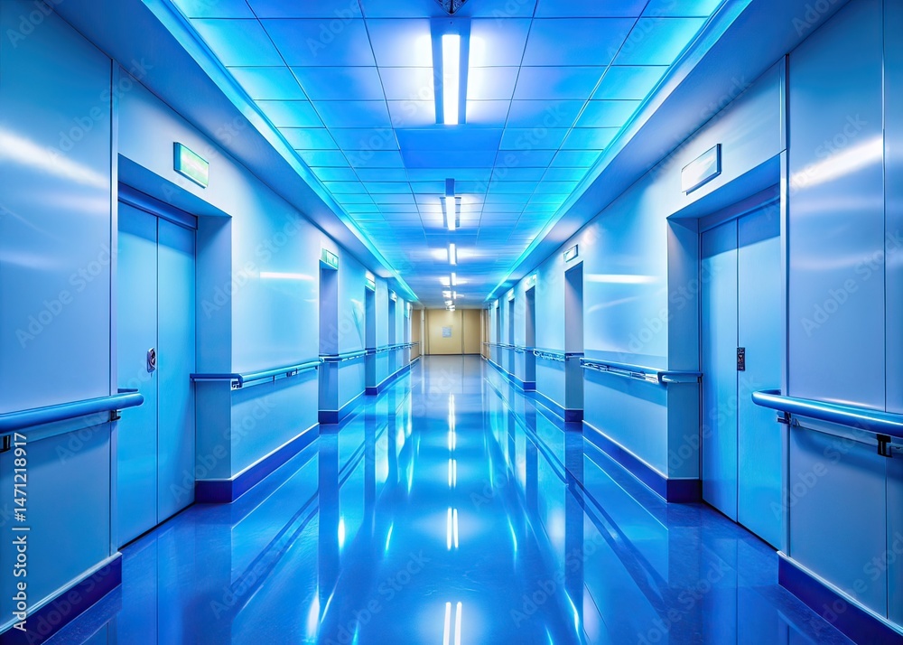 Fototapeta premium Serene Hospital Corridor - Blue Lighting - Surreal Photography