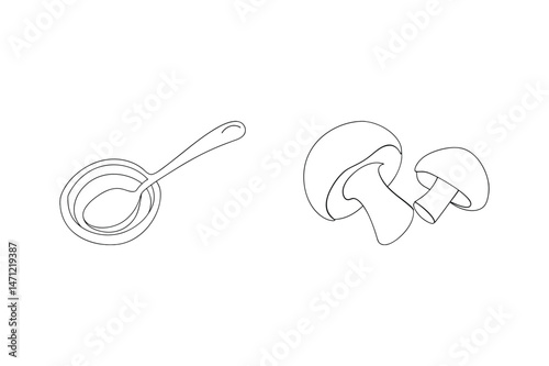 Outline illustration of a ladle and mushrooms for kitchen and cooking themed designs