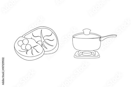 Simple line drawing of steak preparation and cooking on the stove for culinary illustration