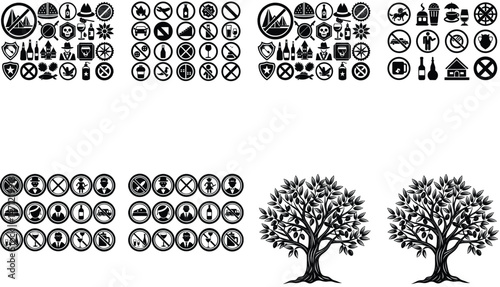 Black and white vector illustration of a set of icons related to nature