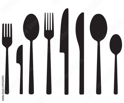 Black Silhouettes of Spoons, Forks, and Knives Cutlery Icons Set