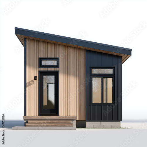 old wooden house with window, tiny home front face orthographic shot